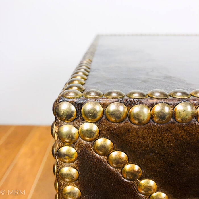 Vintage French Mid Century Leather on Wood Brass Studded Accent Table c 1945-1970