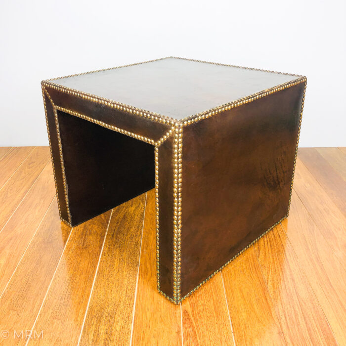 Vintage French Mid Century Leather on Wood Brass Studded Accent Table c 1945-1970